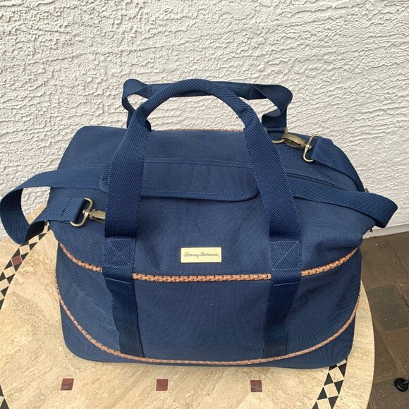 Tommy Bahama Canvas Travel Bag Mojito Blue Duffle Basketweave Trim 20" x 14" x 8 - Picture 3 of 12